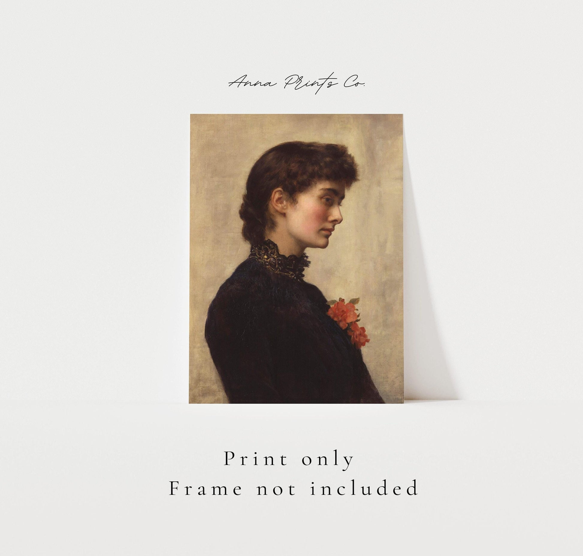 Vintage art print of Marian Collier Woman Portrait with text overlay stating frame not included