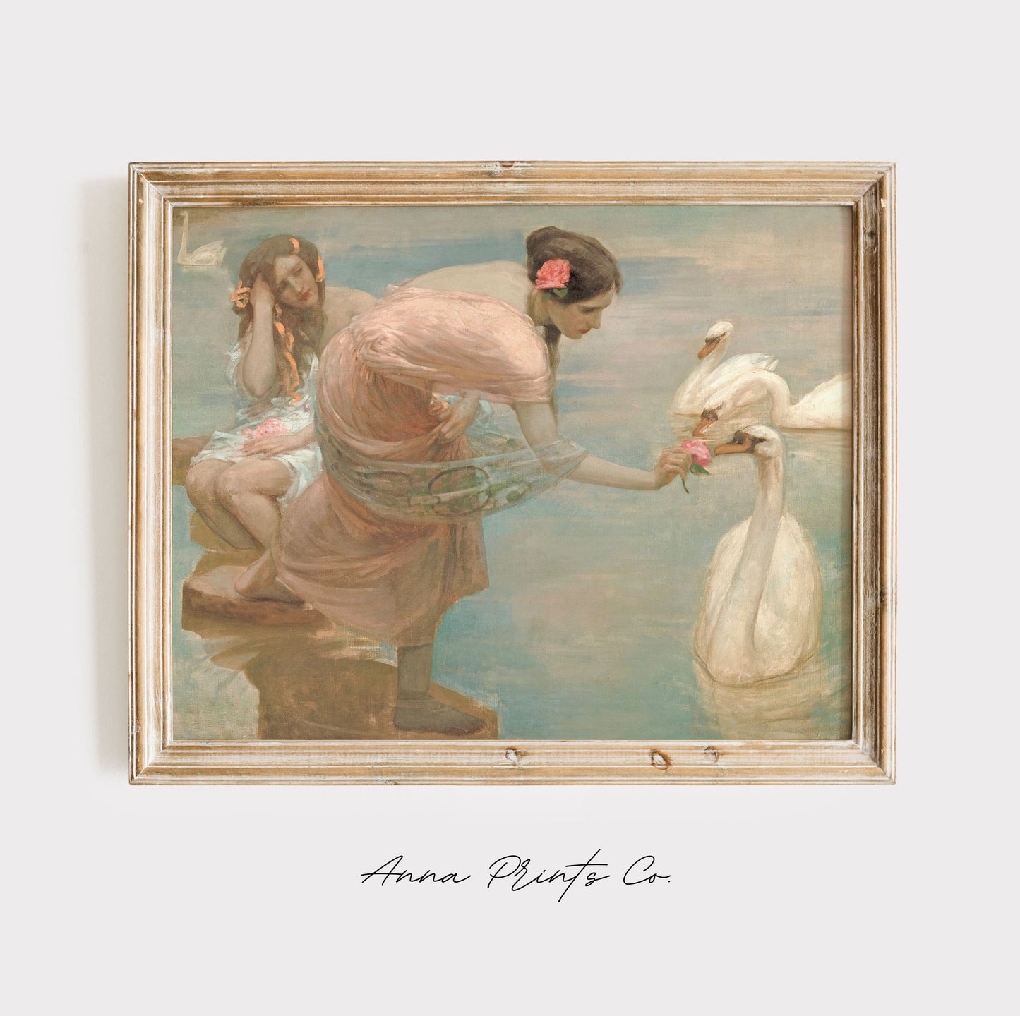 Vintage art print of Woman with Swans Painting displayed in wooden frame