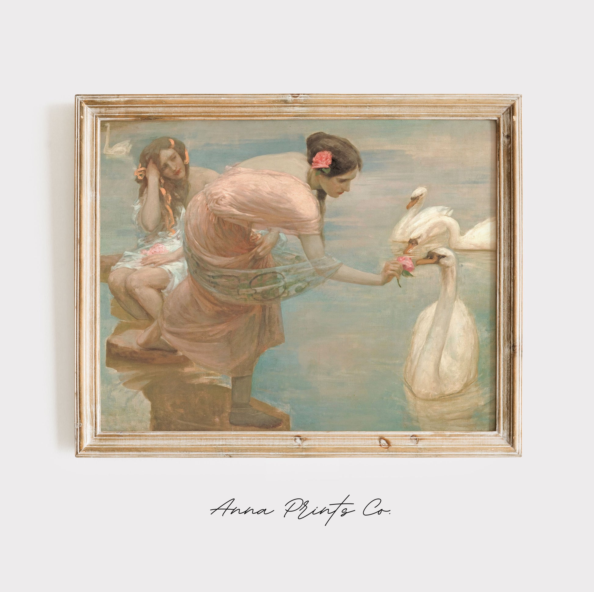 Vintage art print of Woman with Swans Painting displayed in wooden frame