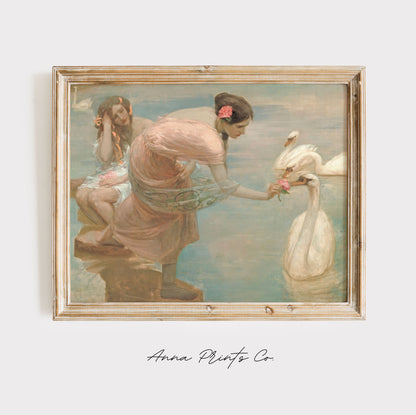 Vintage art print of Woman with Swans Painting displayed in wooden frame