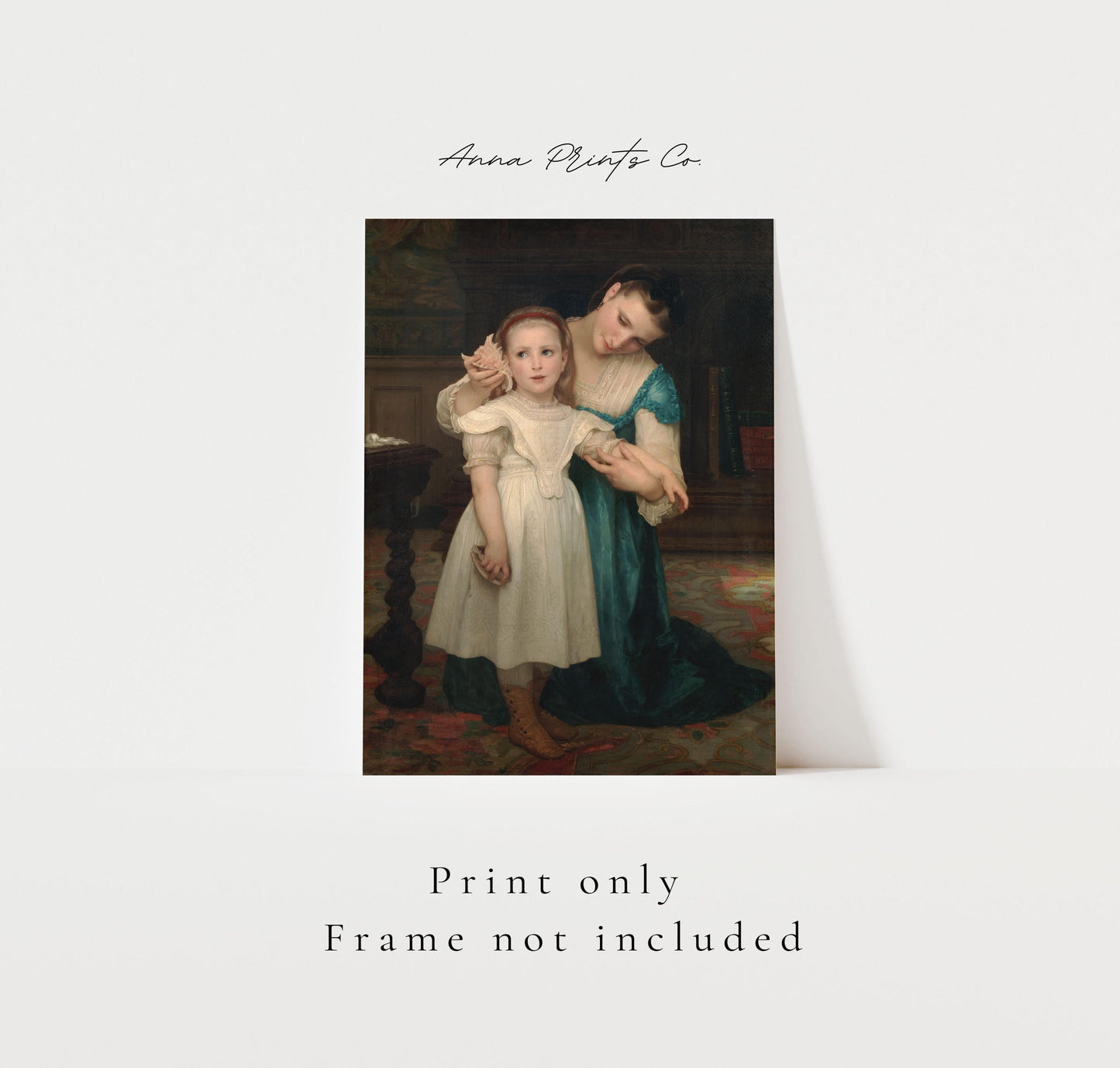 Vintage art print of Indoors Painting by Bouguereau with text overlay stating frame not included