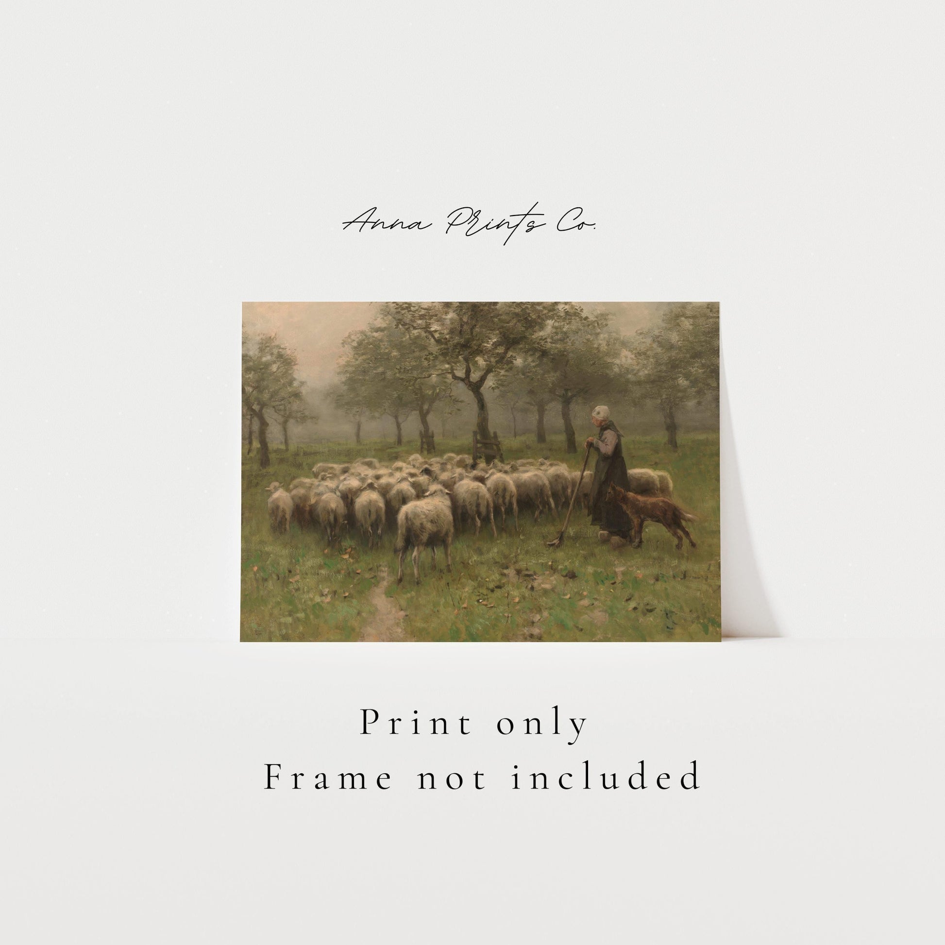 Vintage art print of Shepherdess and Sheep Painting with text overlay stating frame not included