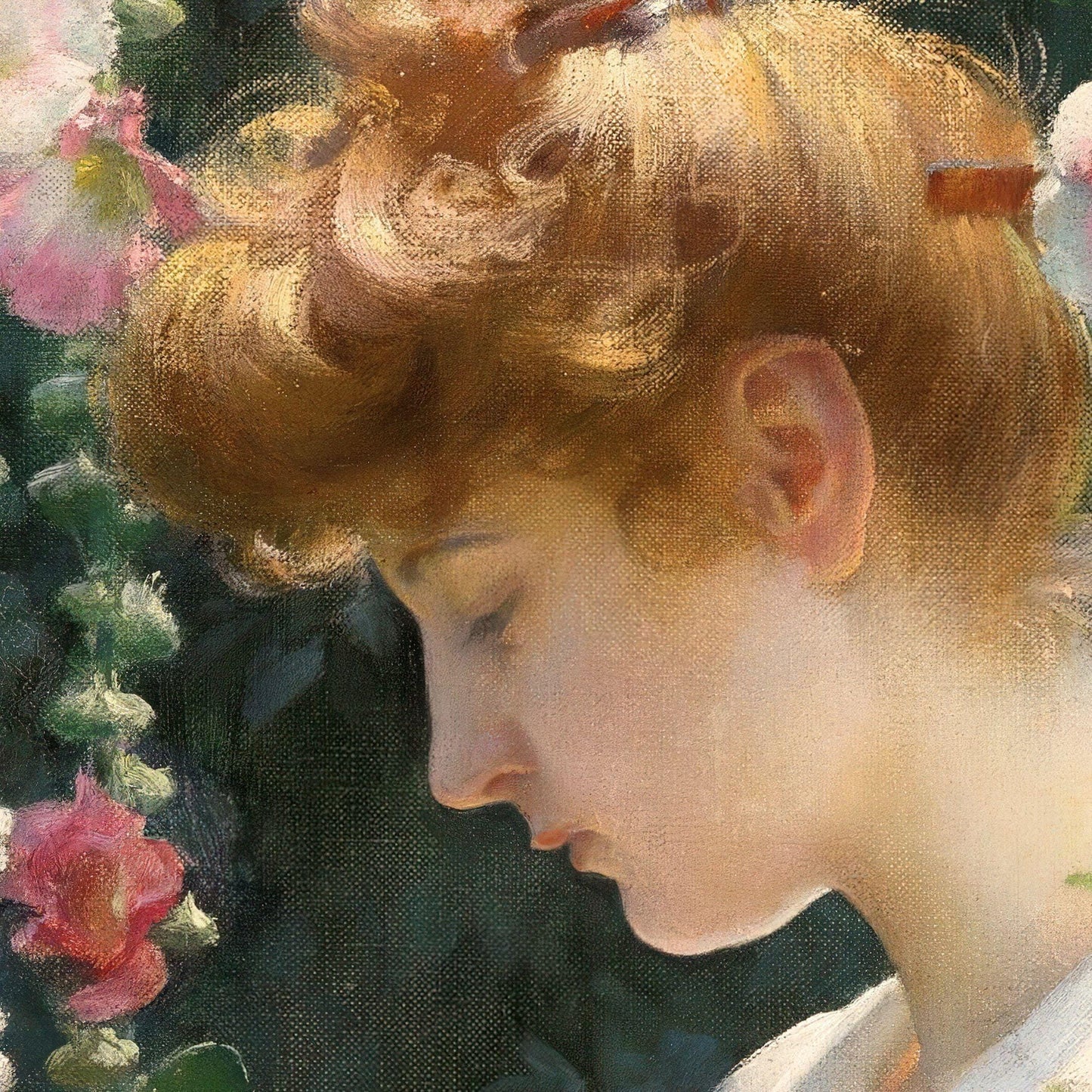 Artistic depiction of a woman with styled hair and flowers in the background
