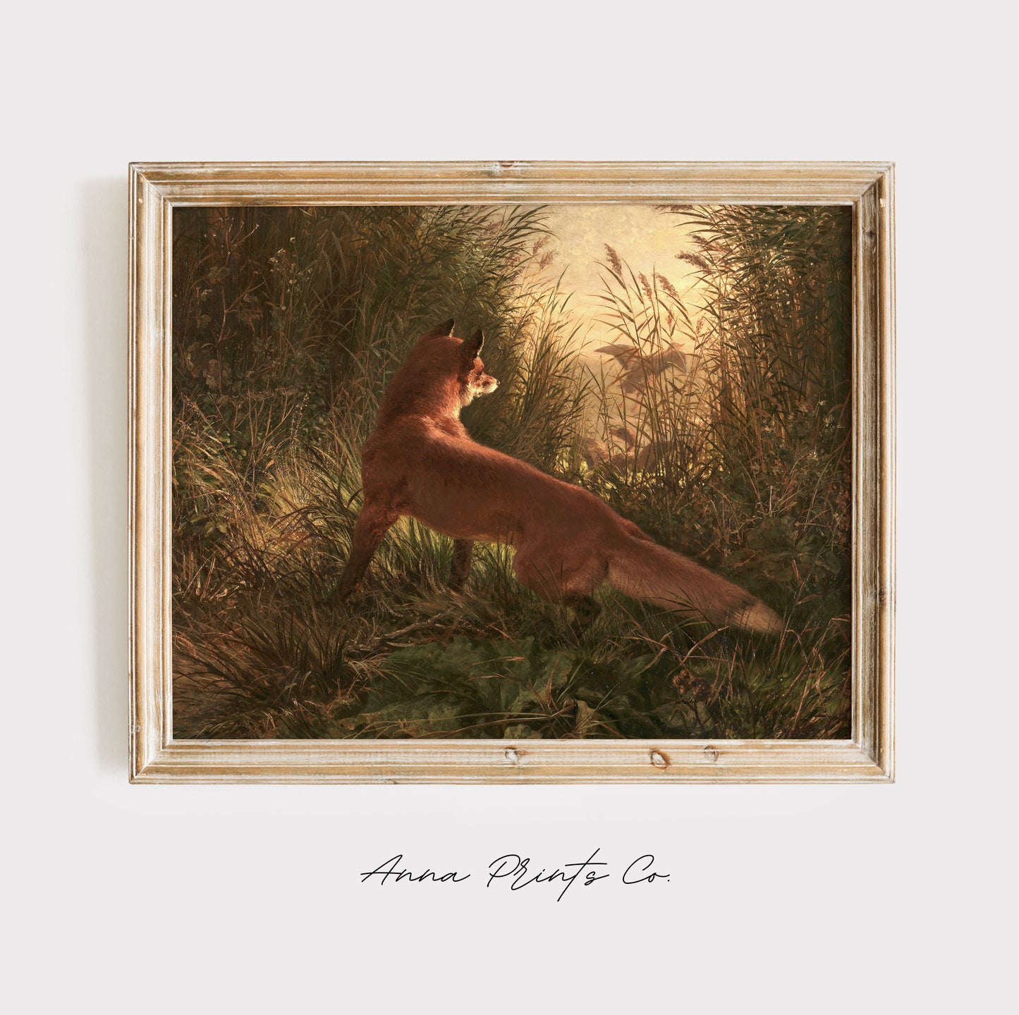 Vintage art print of Fox Painting Moody Animal Art displayed in wooden frame