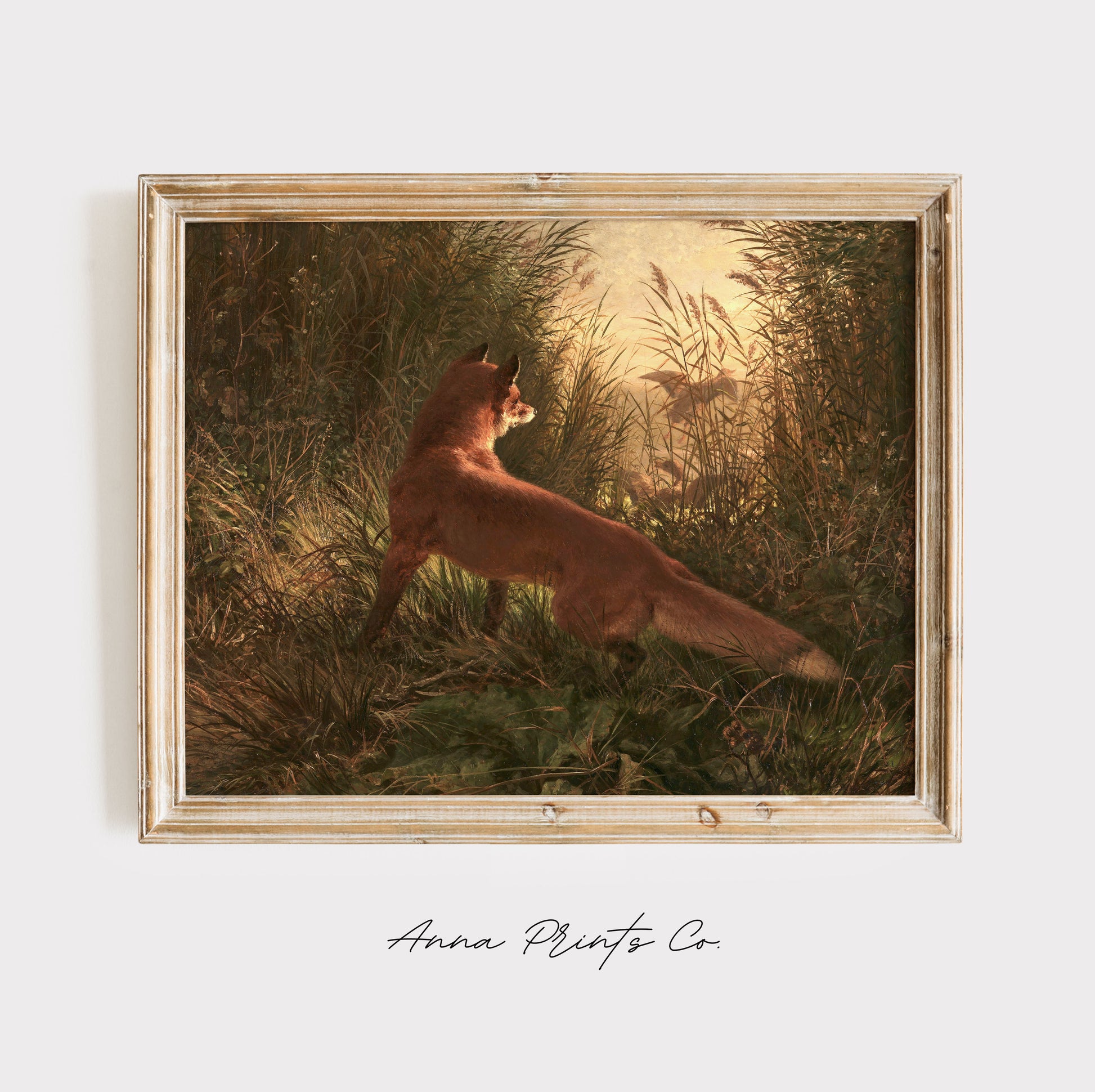 Vintage art print of Fox Painting Moody Animal Art displayed in wooden frame