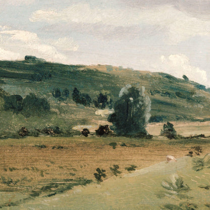 Landscape painting with fields, trees, and a cloudy sky