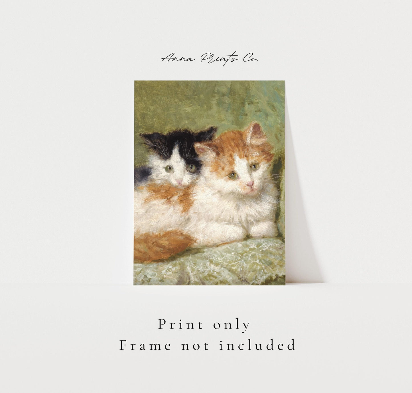 Vintage art print of Two Kittens Animal Artwork with text overlay stating frame not included