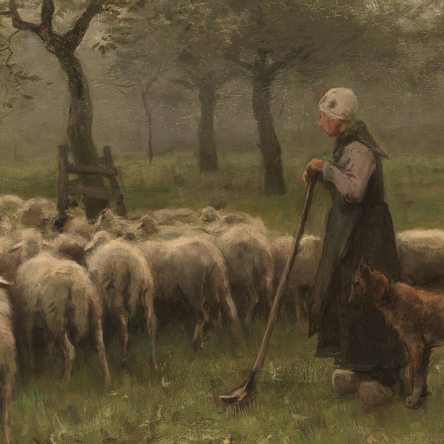 Shepherd tending to sheep in a pastoral scene with trees and fog.