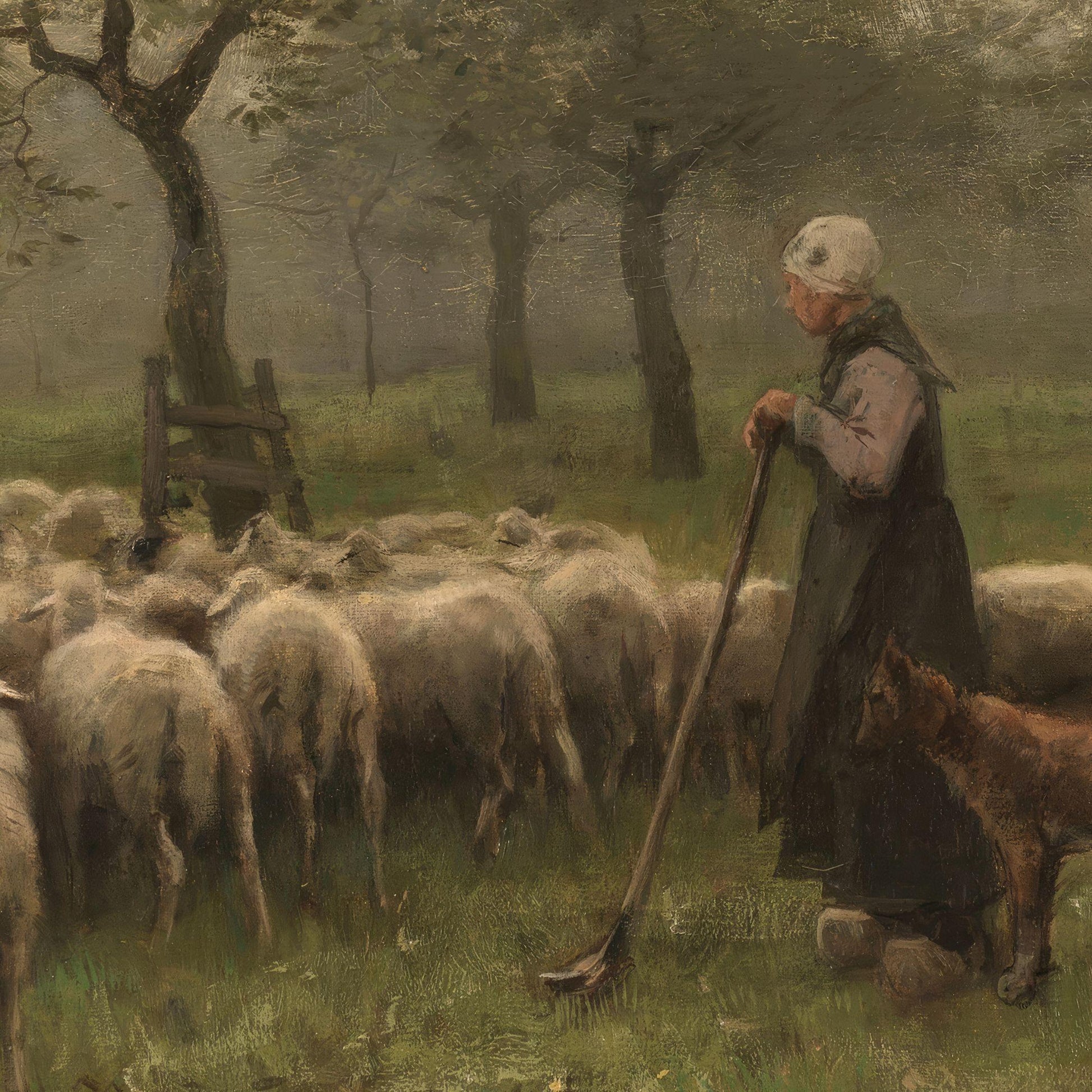 Shepherd tending to sheep in a pastoral scene with trees and fog.