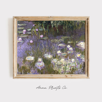 Vintage art print of Water Lilies by Monet, 1922) displayed in wooden frame