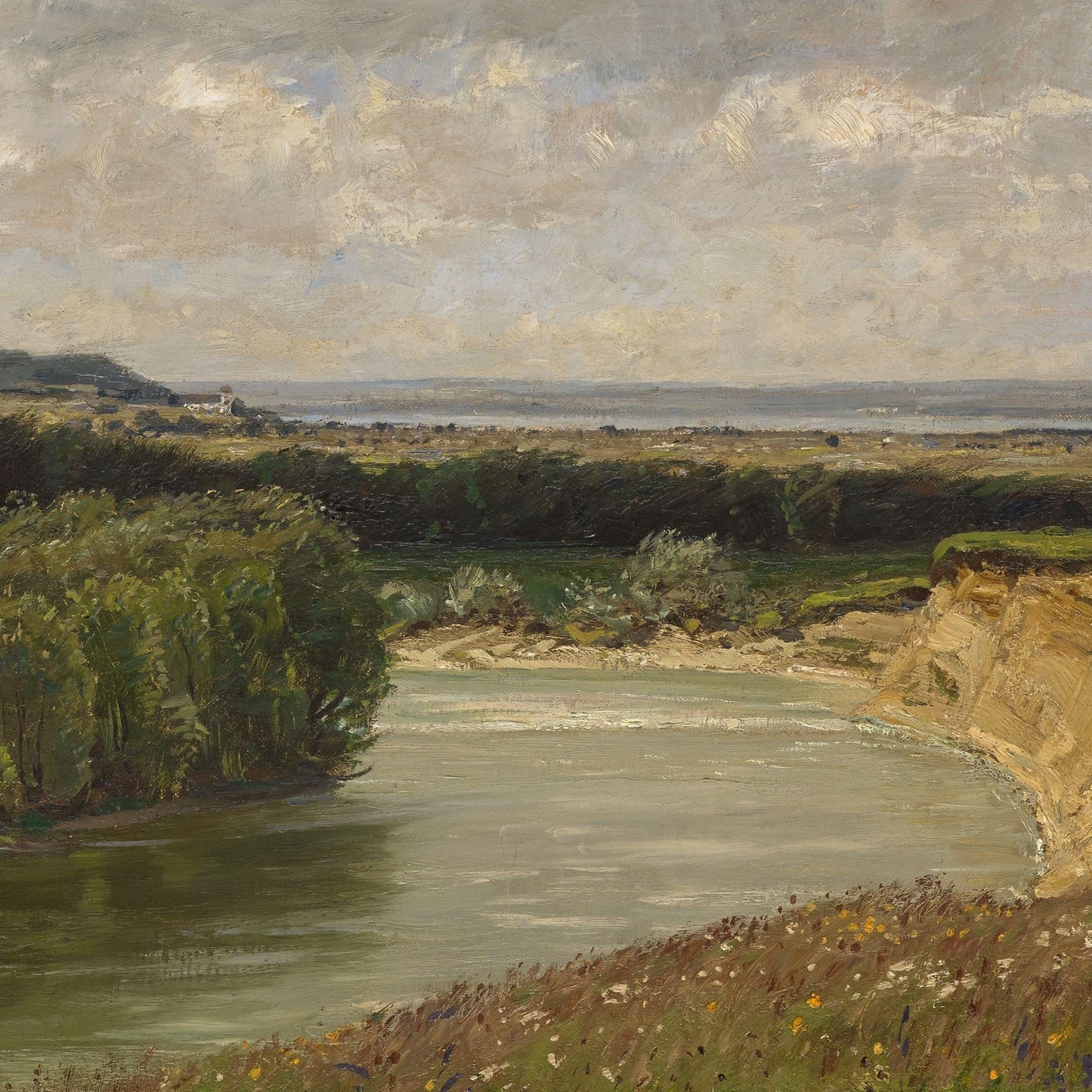 Landscape painting of a river with trees and cliffs under a cloudy sky
