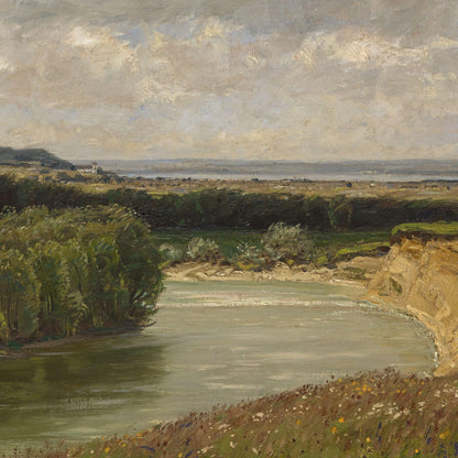 Landscape painting of a river with trees and cliffs under a cloudy sky