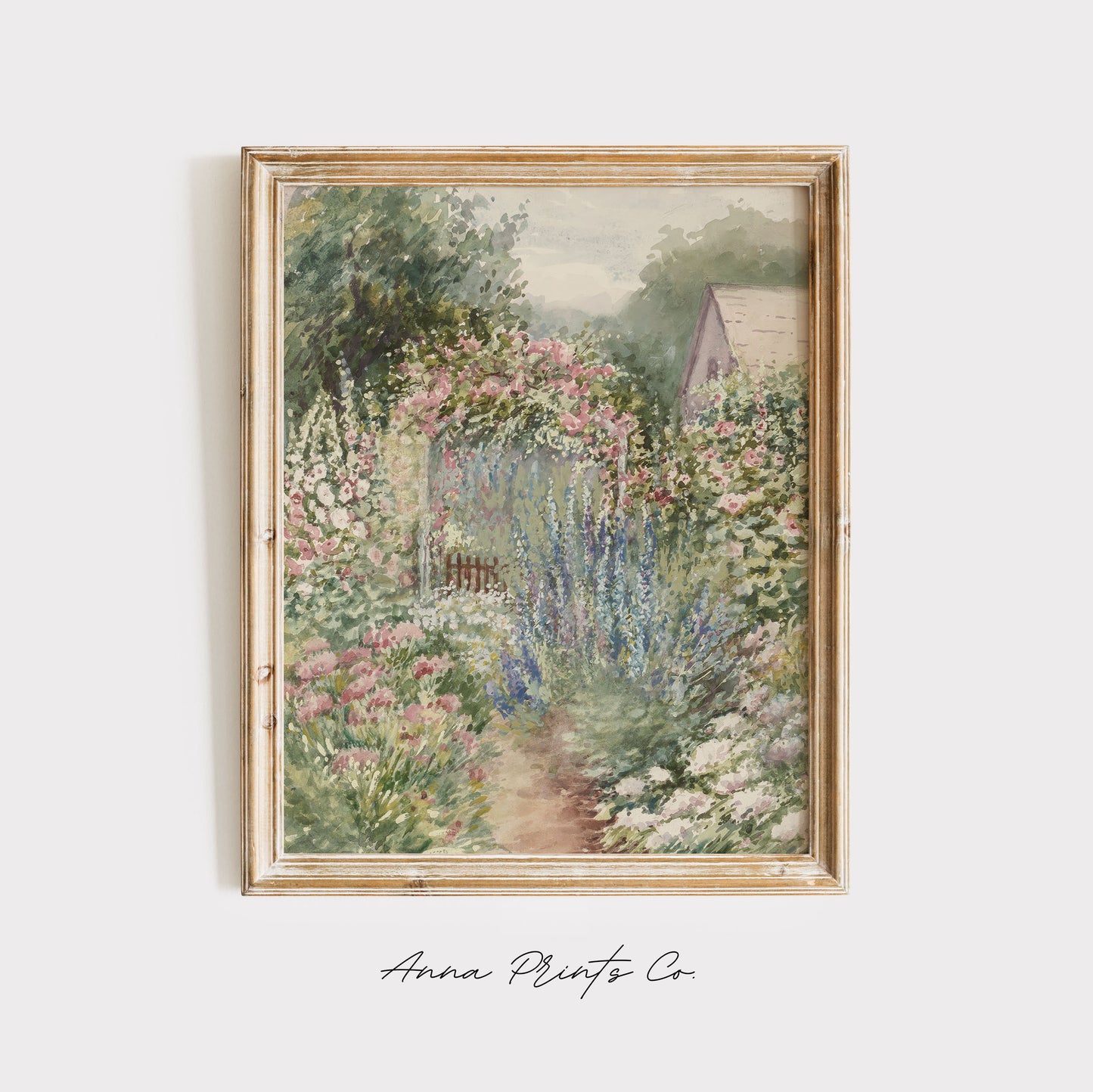 Vintage art print of Flower Garden Cottagecore Painting displayed in wooden frame