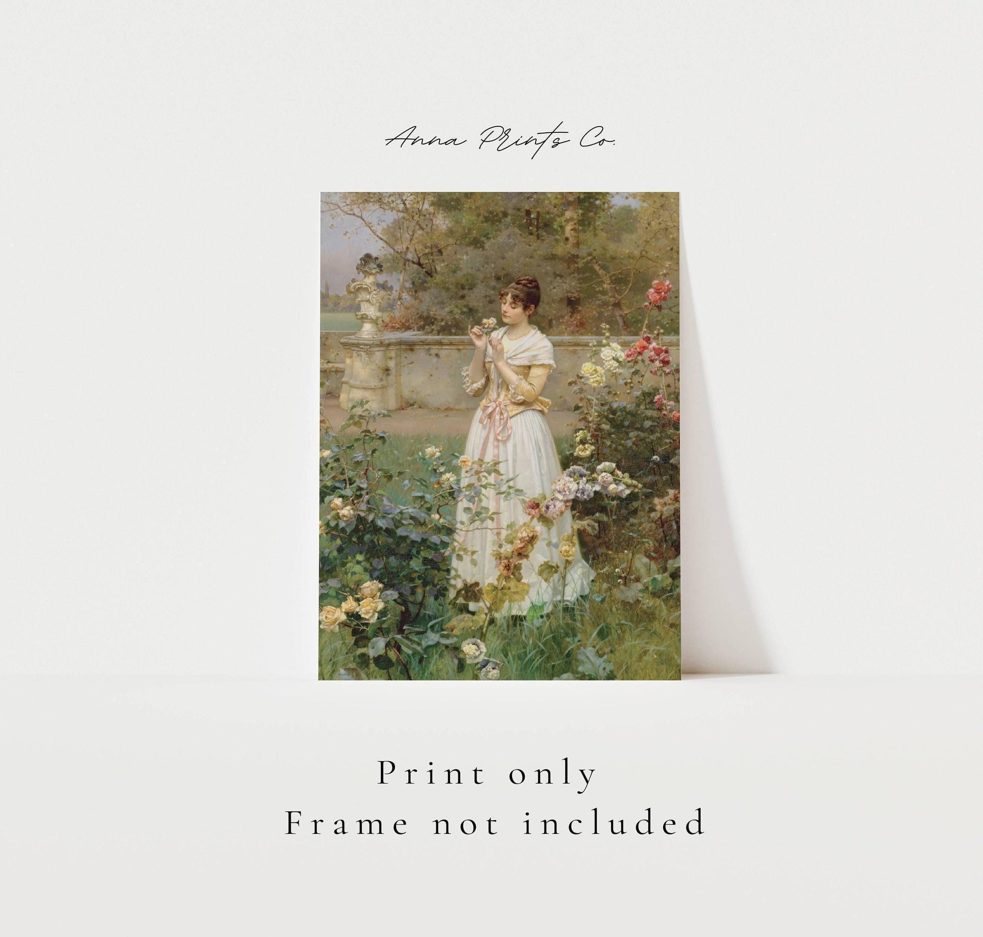 Vintage art print of The Rose of all Roses Painting with text overlay stating frame not included