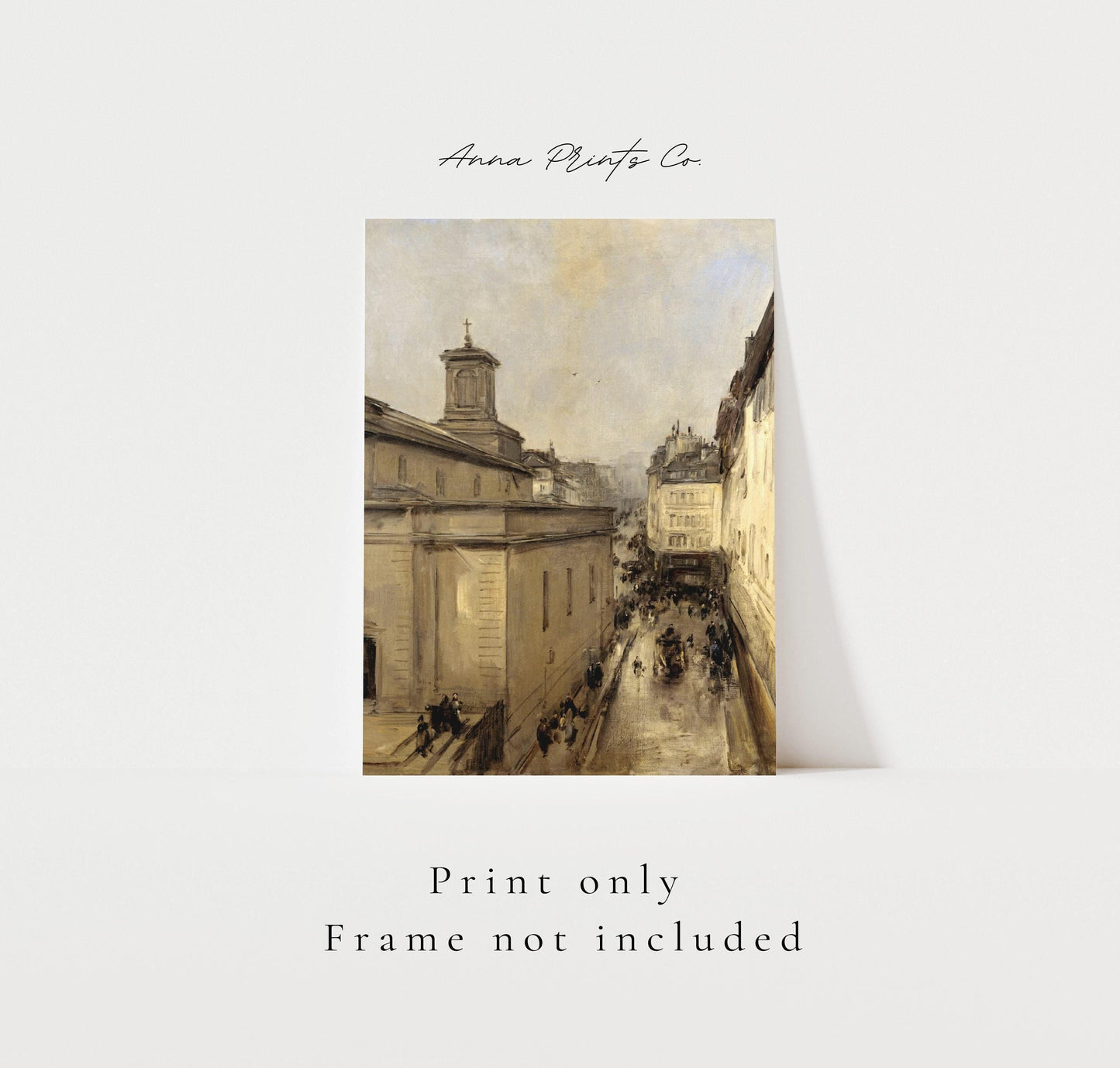 Vintage art print of View of Notre Dame Paris Cityscape with text overlay stating frame not included