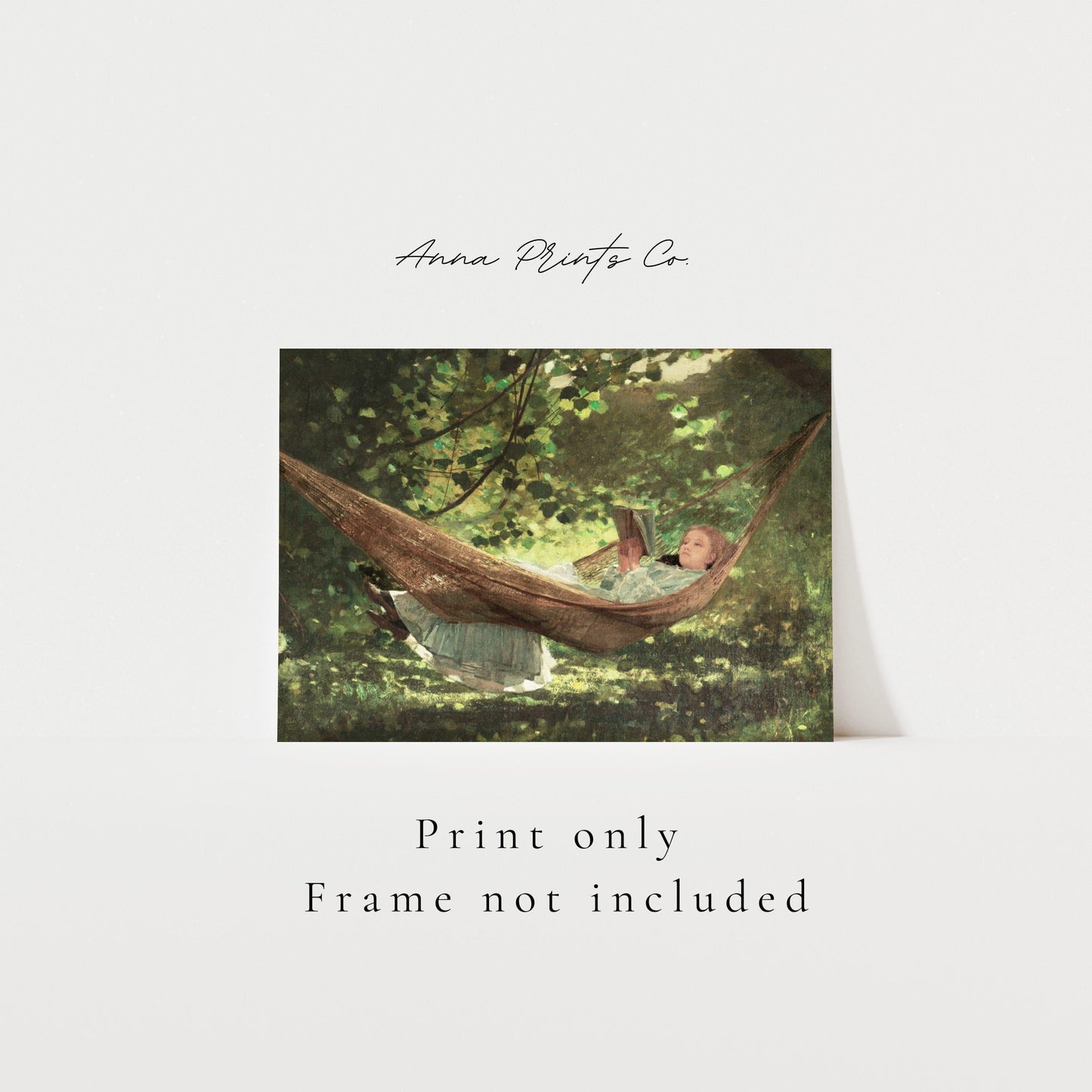 Vintage art print of Girl in the Hammock Reading Painting with text overlay stating frame not included