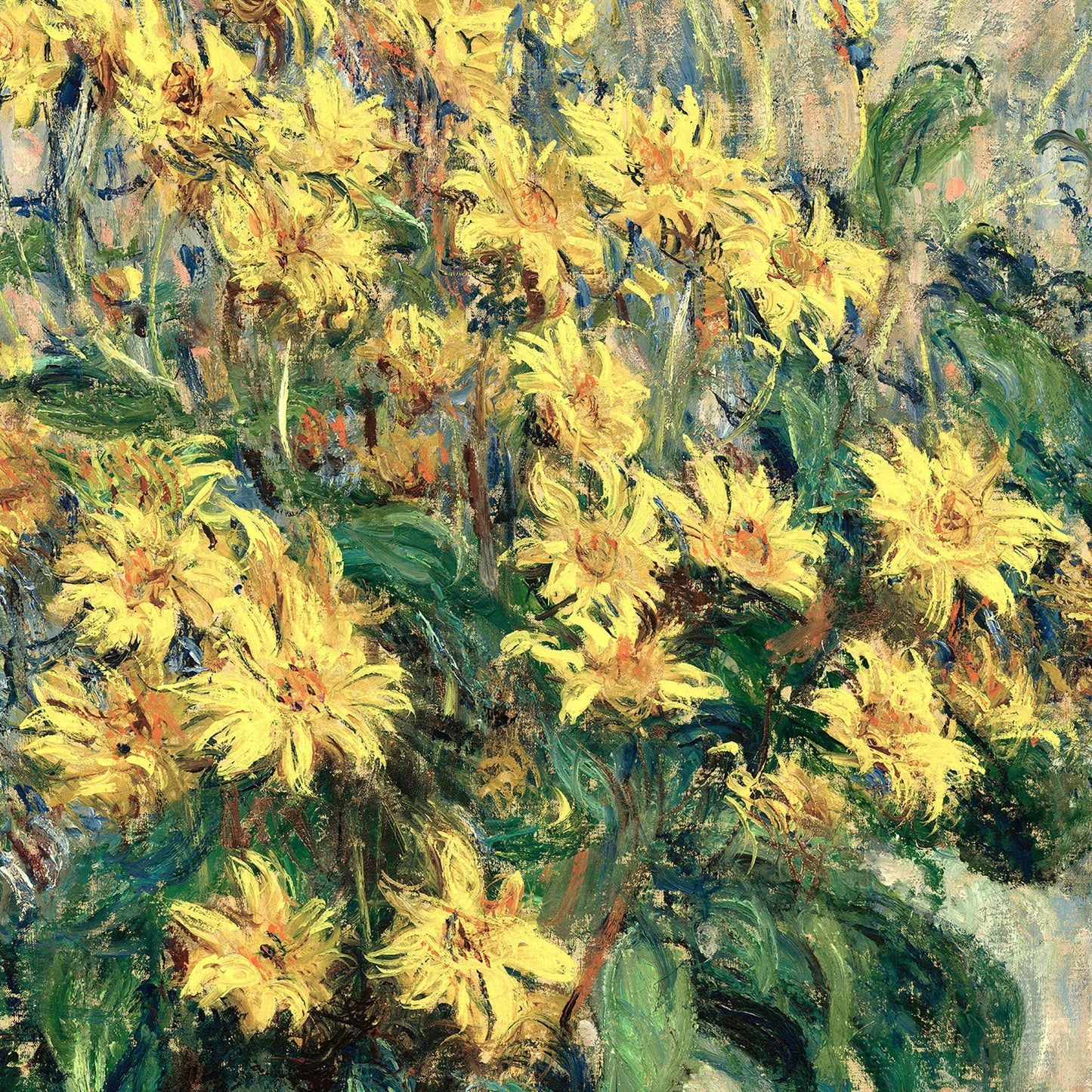 Oil painting of yellow flowers with a textured background