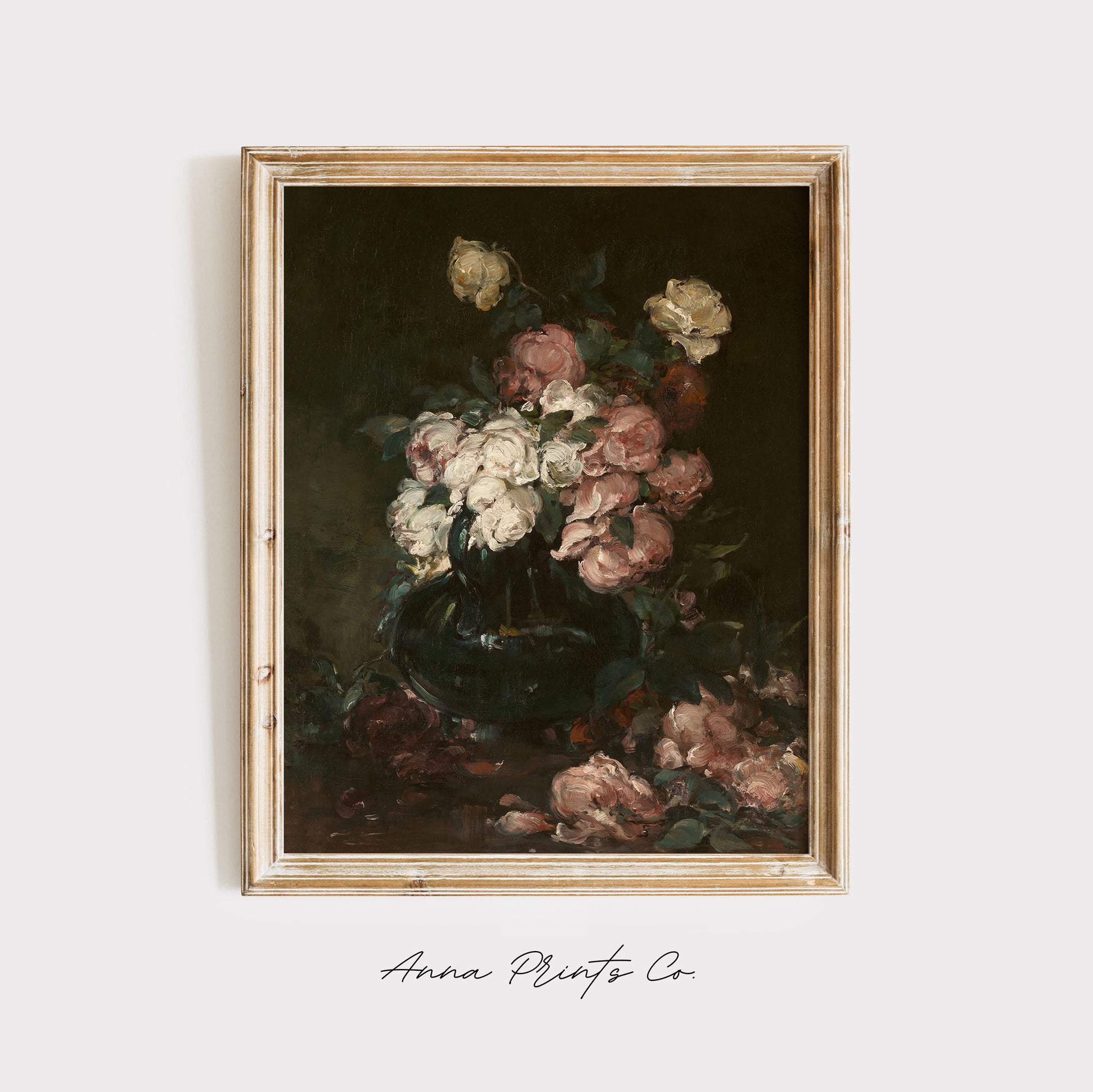 Vintage art print of Roses Moody Floral Painting displayed in wooden frame