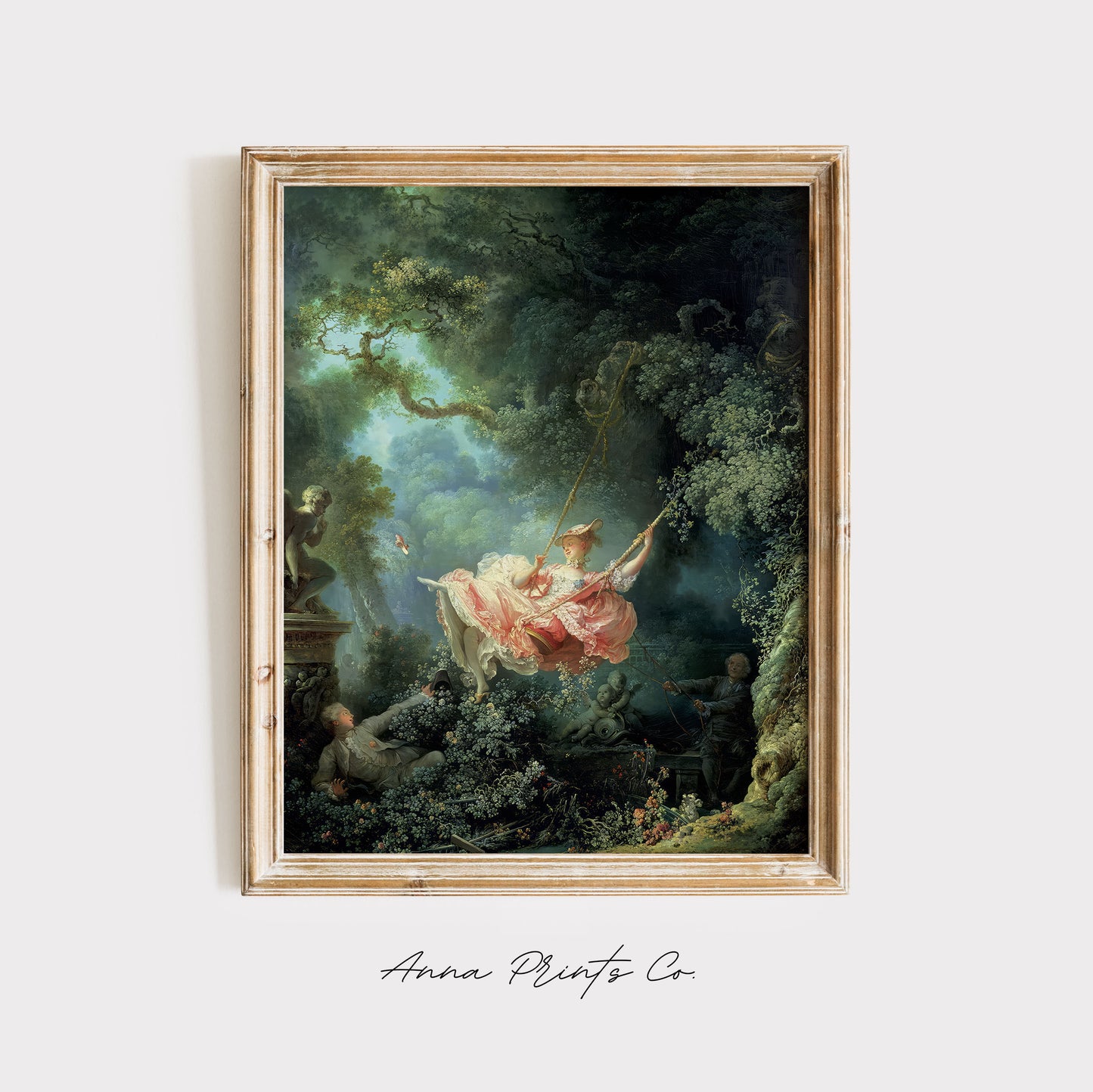 Vintage art print of The Swing by Fragonard Painting displayed in wooden frame