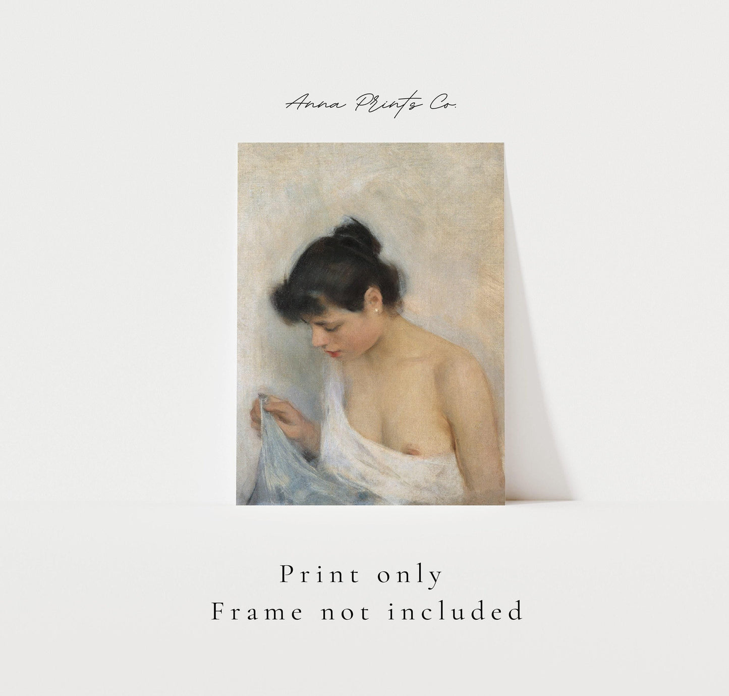 Vintage art print of Study of Woman Neutral Art with text overlay stating frame not included