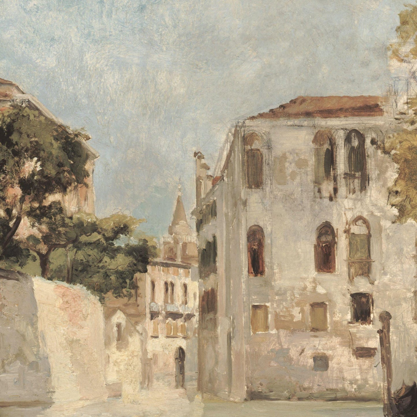 Painting of an old stone building with arched windows and a tree in the foreground.