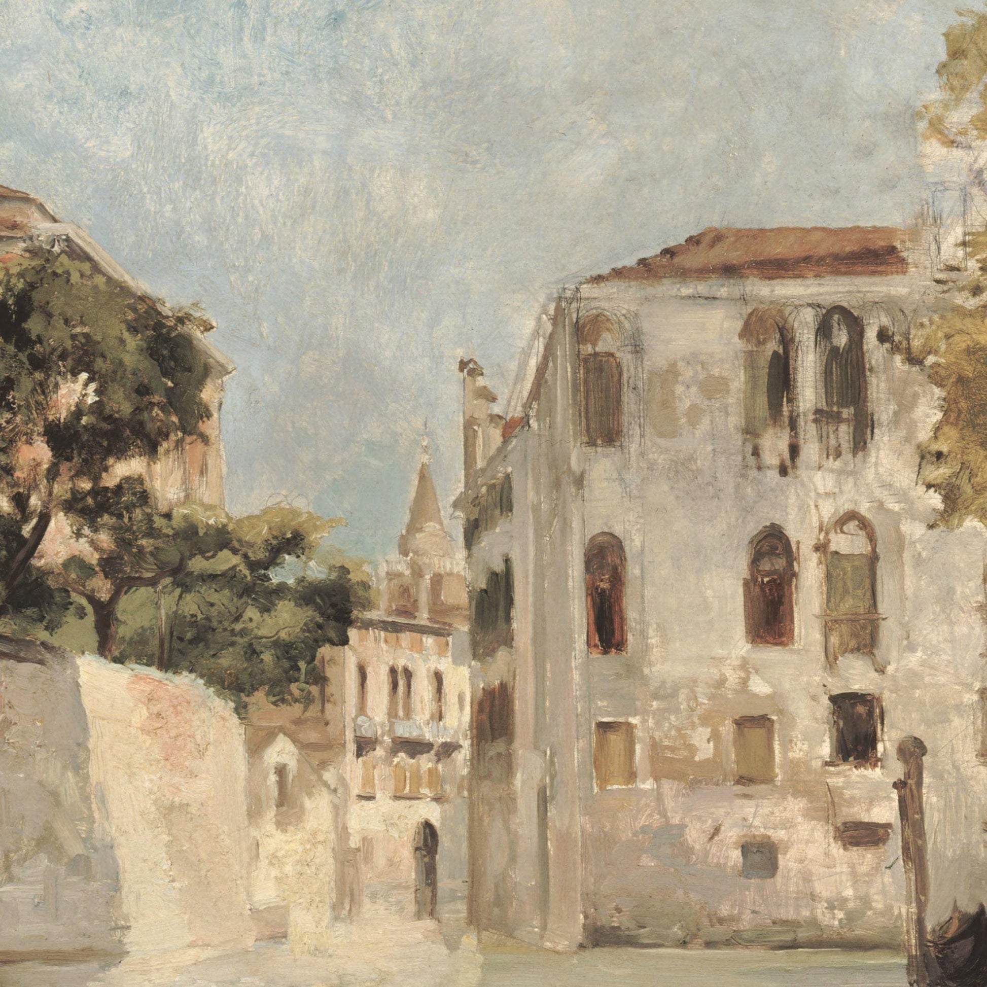 Painting of an old stone building with arched windows and a tree in the foreground.