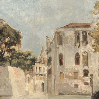 Painting of an old stone building with arched windows and a tree in the foreground.