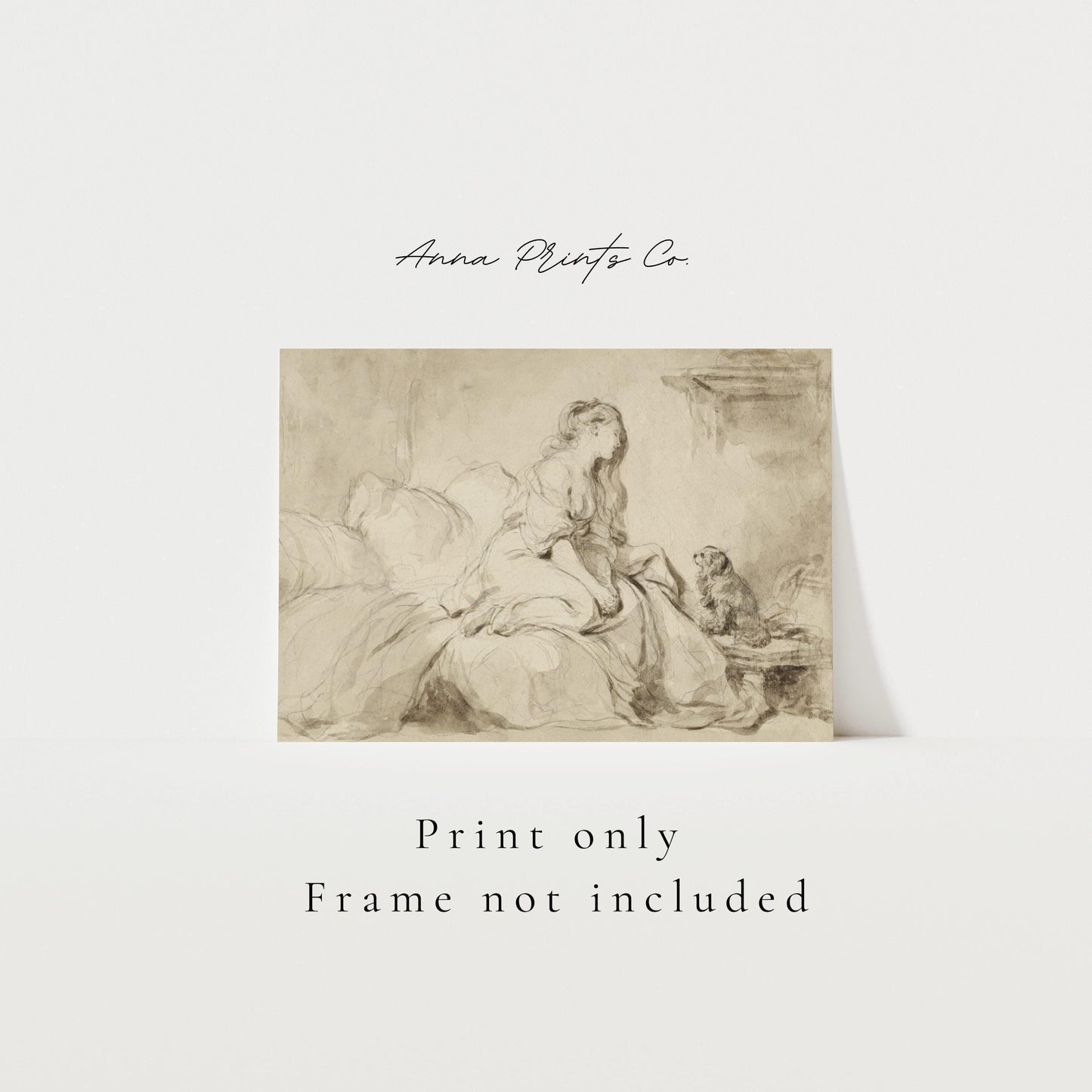 Vintage art print of Oh! If only he Were as Faithful to Me with text overlay stating frame not included