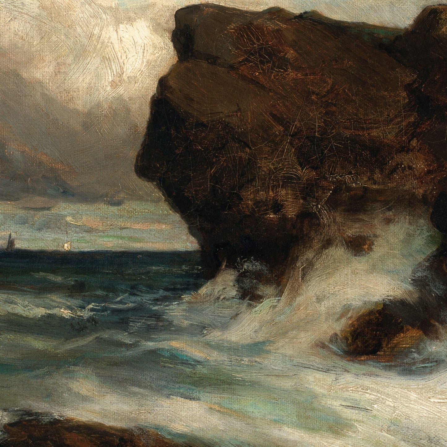 Painting of a rocky coastline with turbulent ocean waves and a distant sailboat.