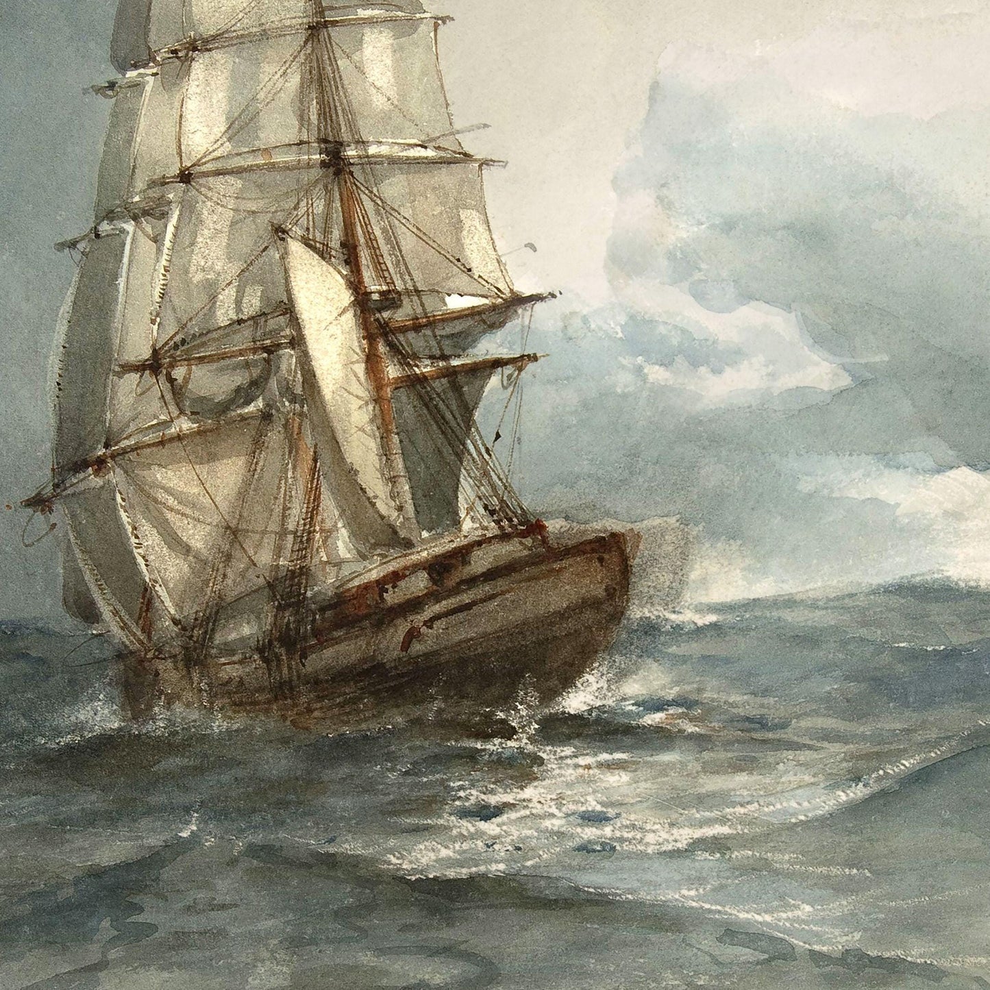 Painting of a sailboat on choppy waters with a cloudy sky.