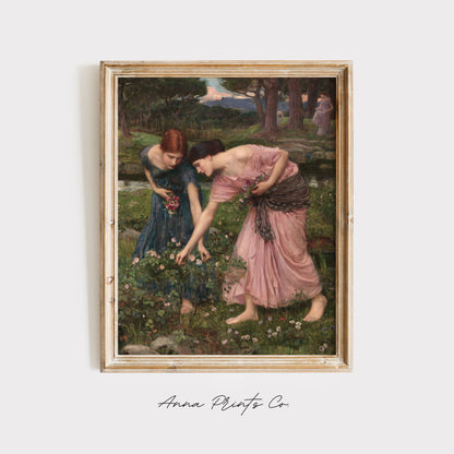 Vintage art print of Gather Ye Rosebuds by Waterhouse displayed in wooden frame