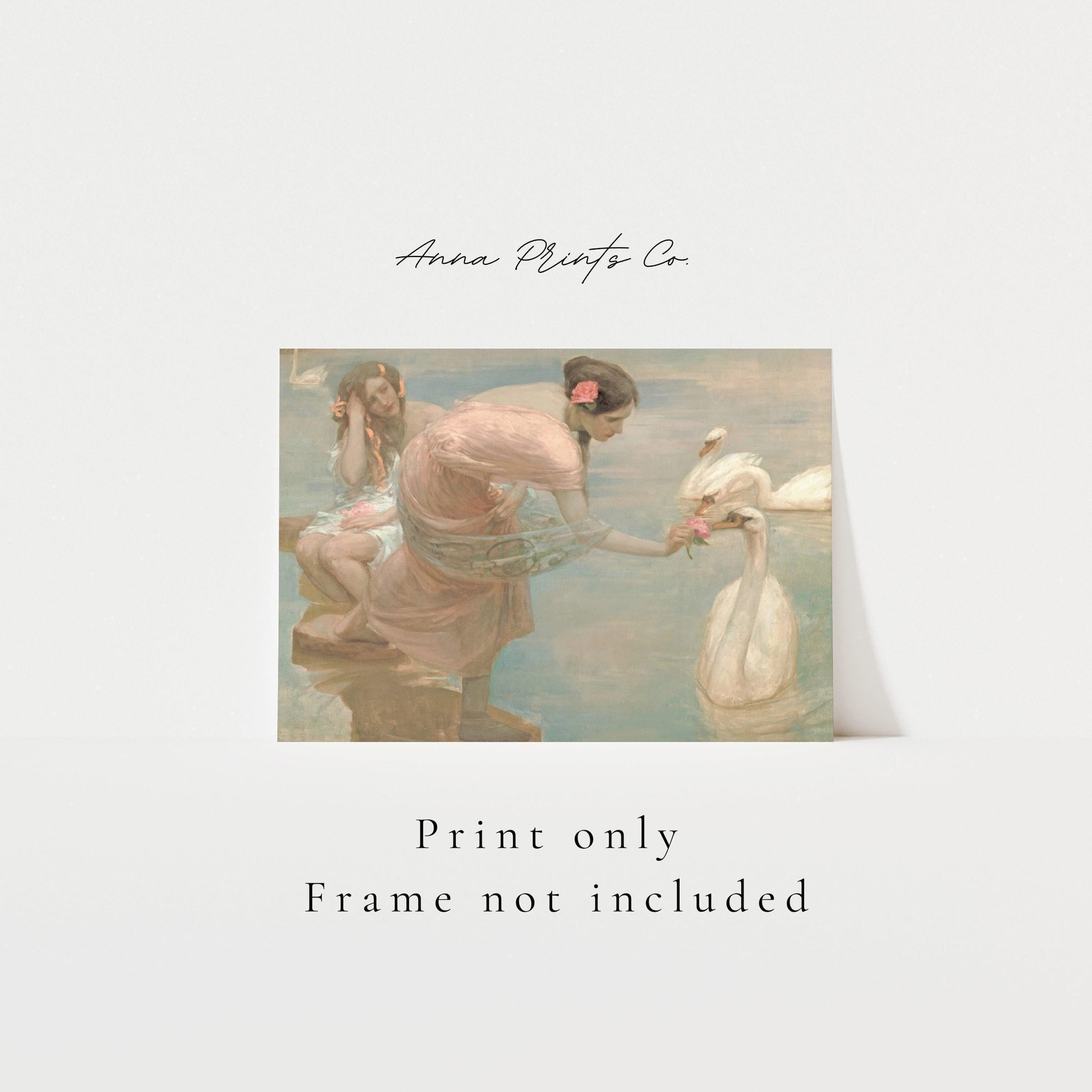 Vintage art print of Woman with Swans Painting with text overlay stating frame not included