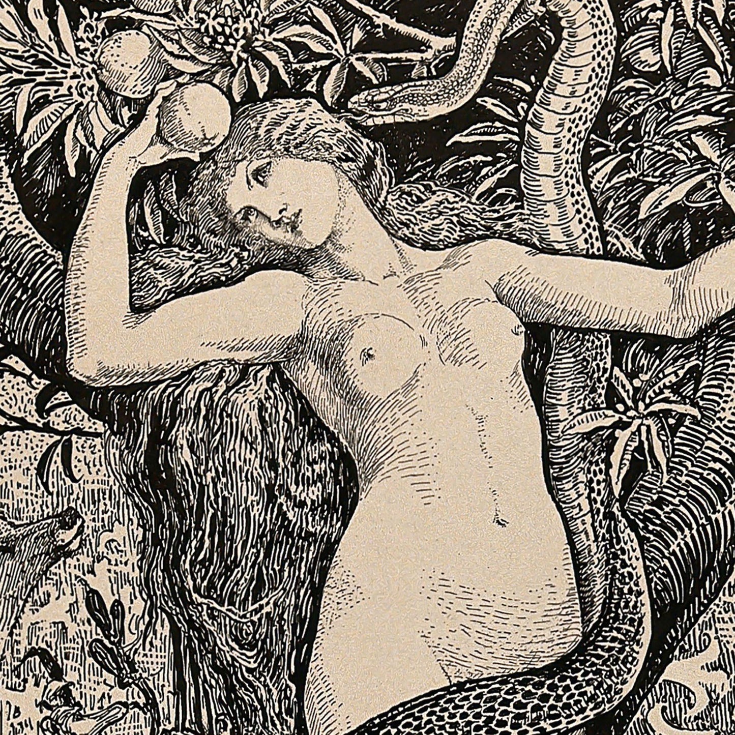 Illustration of a nude figure with a snake in a naturalistic setting