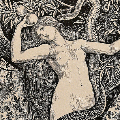 Illustration of a nude figure with a snake in a naturalistic setting