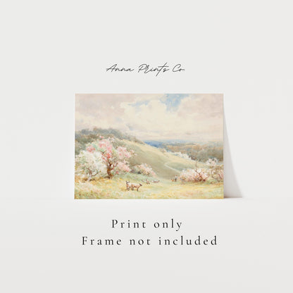 Vintage art print of Spring Watercolor Country Landscape with text overlay stating frame not included
