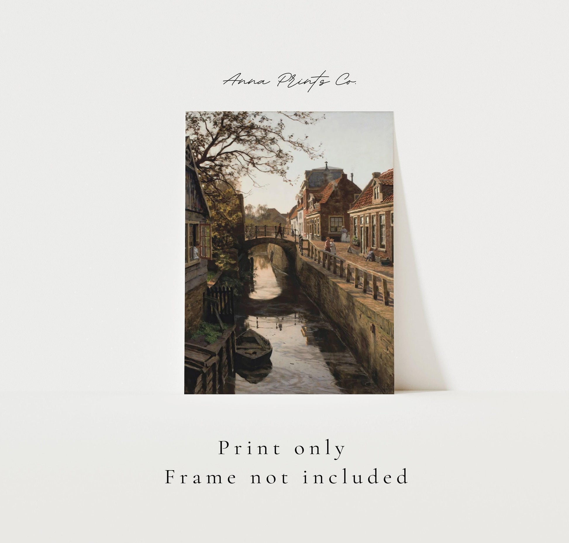 Vintage art print of Dutch Canal Cityscape Paintig with text overlay stating frame not included