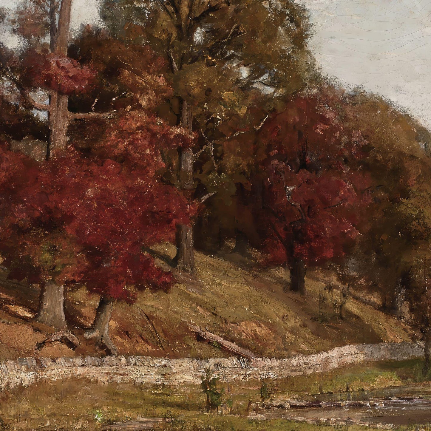 Painting of a forest scene with red and green trees.