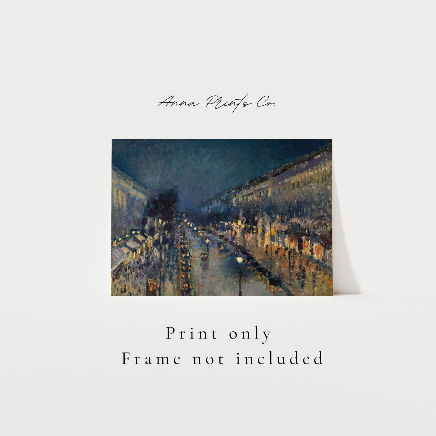 Vintage art print of Boulevard Montmartre at Night Pissarro with text overlay stating frame not included