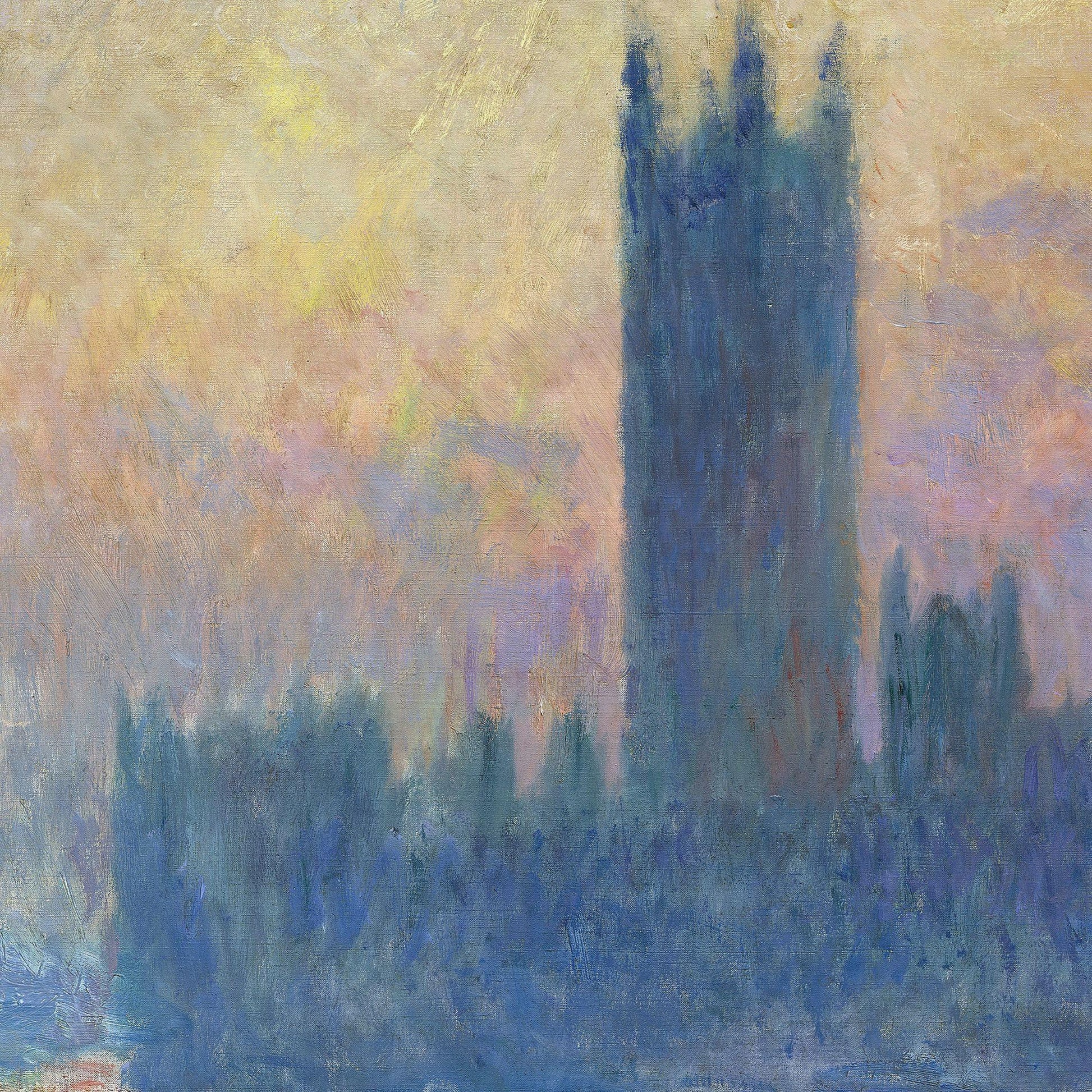 Painting of a tower with a soft, multicolored background