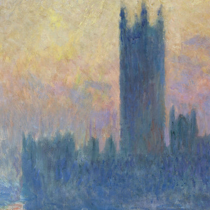 Painting of a tower with a soft, multicolored background