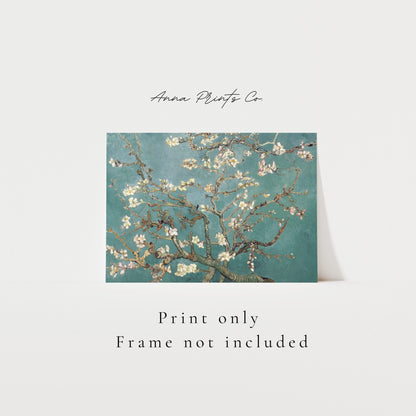 Vintage art print of Almond Blossom by Van Gogh with text overlay stating frame not included