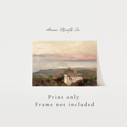 Vintage art print of Tower of Greece Coastal Painting with text overlay stating frame not included