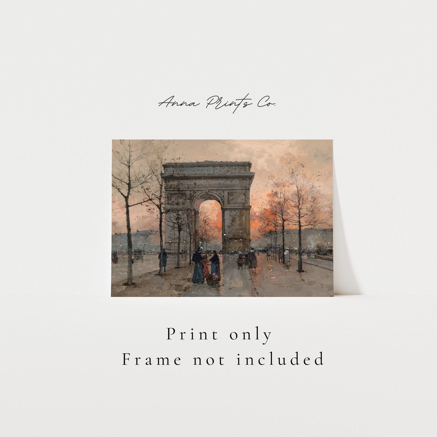 Vintage art print of L'Arc de Triomphe Paris Painting with text overlay stating frame not included