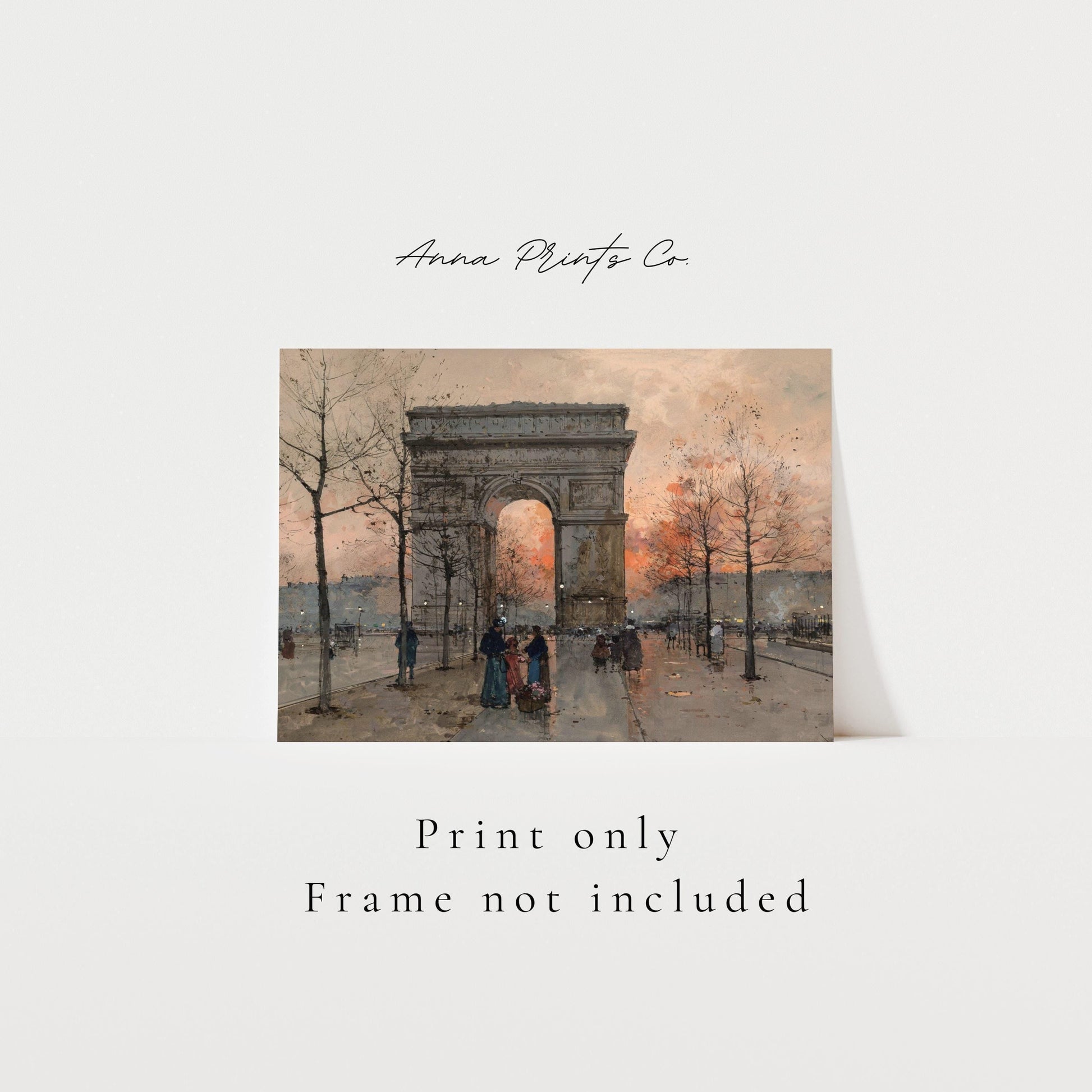 Vintage art print of L'Arc de Triomphe Paris Painting with text overlay stating frame not included