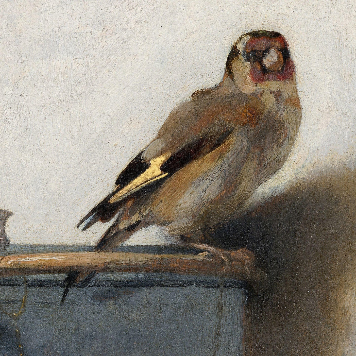 Detailed painting of a bird perched on a branch with a neutral background