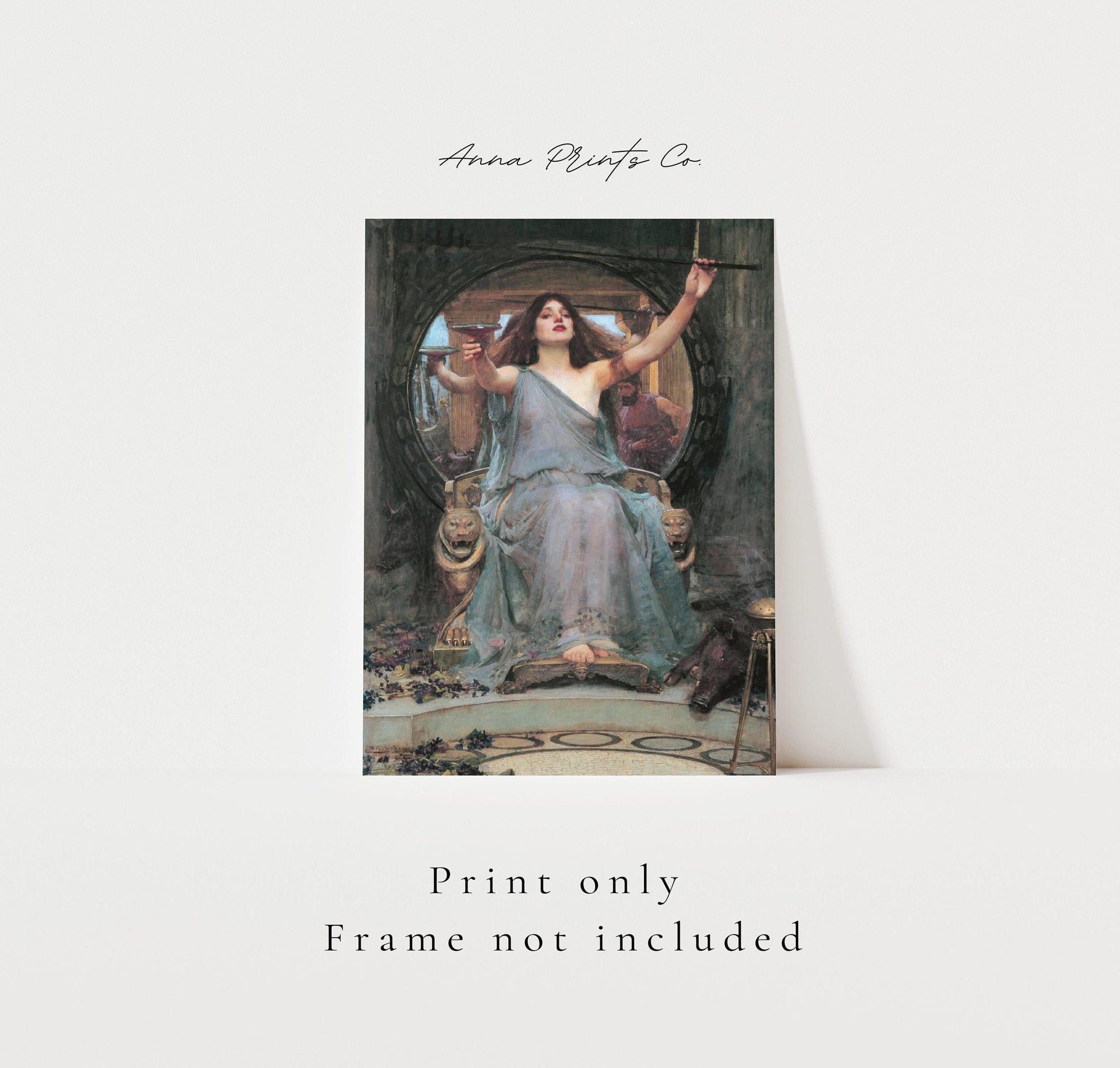 Vintage art print of Circe Painting by Waterhouse with text overlay stating frame not included