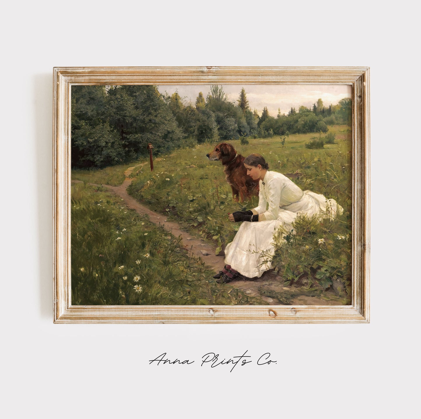 Vintage art print of Idyll Woman and Dog Painting displayed in wooden frame