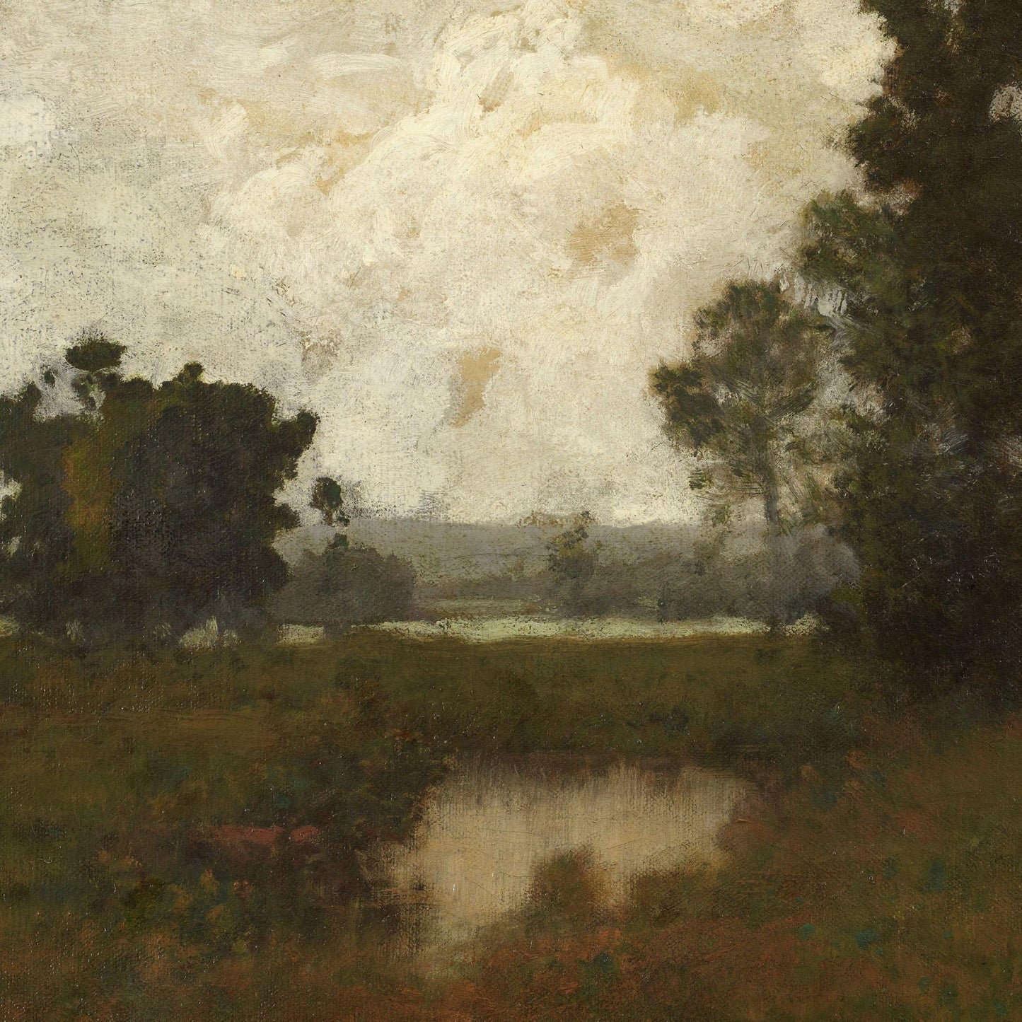 Landscape painting with trees, grass, and a large cloud in the sky
