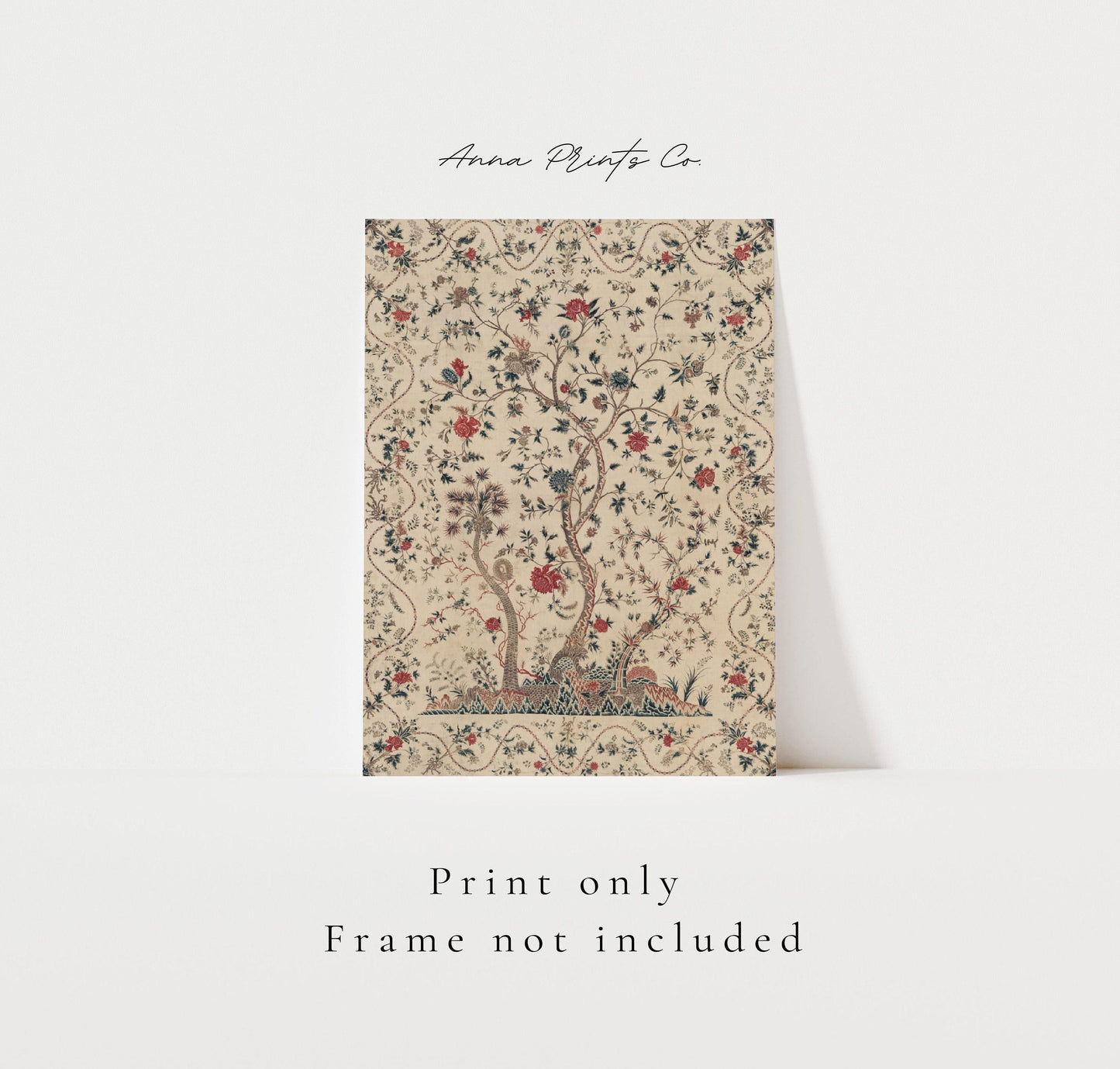 Vintage art print of Indian Palampore Textile Artwork with text overlay stating frame not included