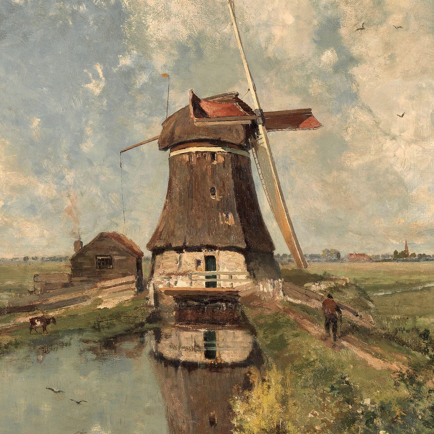 Painting of a windmill by a body of water with a person walking towards it.